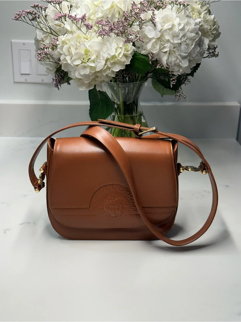 Vintage Gianni Versace Cognac Leather Crossbody with Medusa Relief